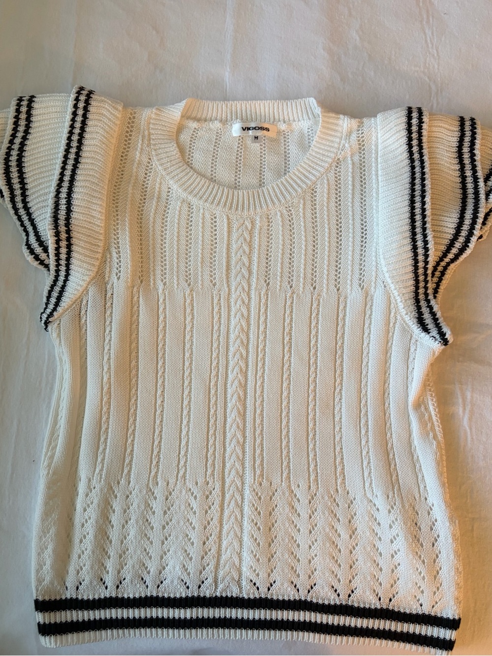 Like New, Vigoss, Size M, White Knit Short-Sleeve Sweater with Black Stripe Trim - Picture 3 of 15